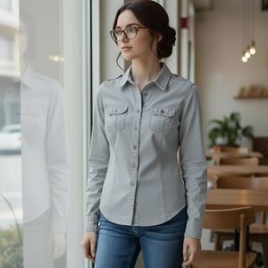 Saks Fifth Avenue‎ Shirt Womens L Blue Button Up Long Sleeve Threads Size Large